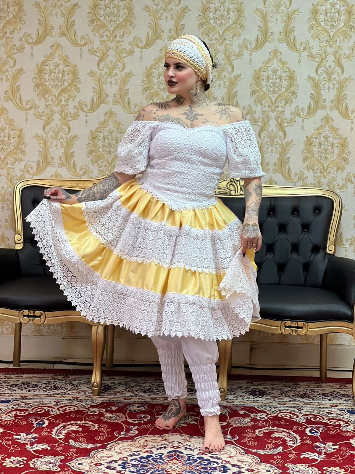 Saia Entremeio Renda Guipir Amar/Branco 379